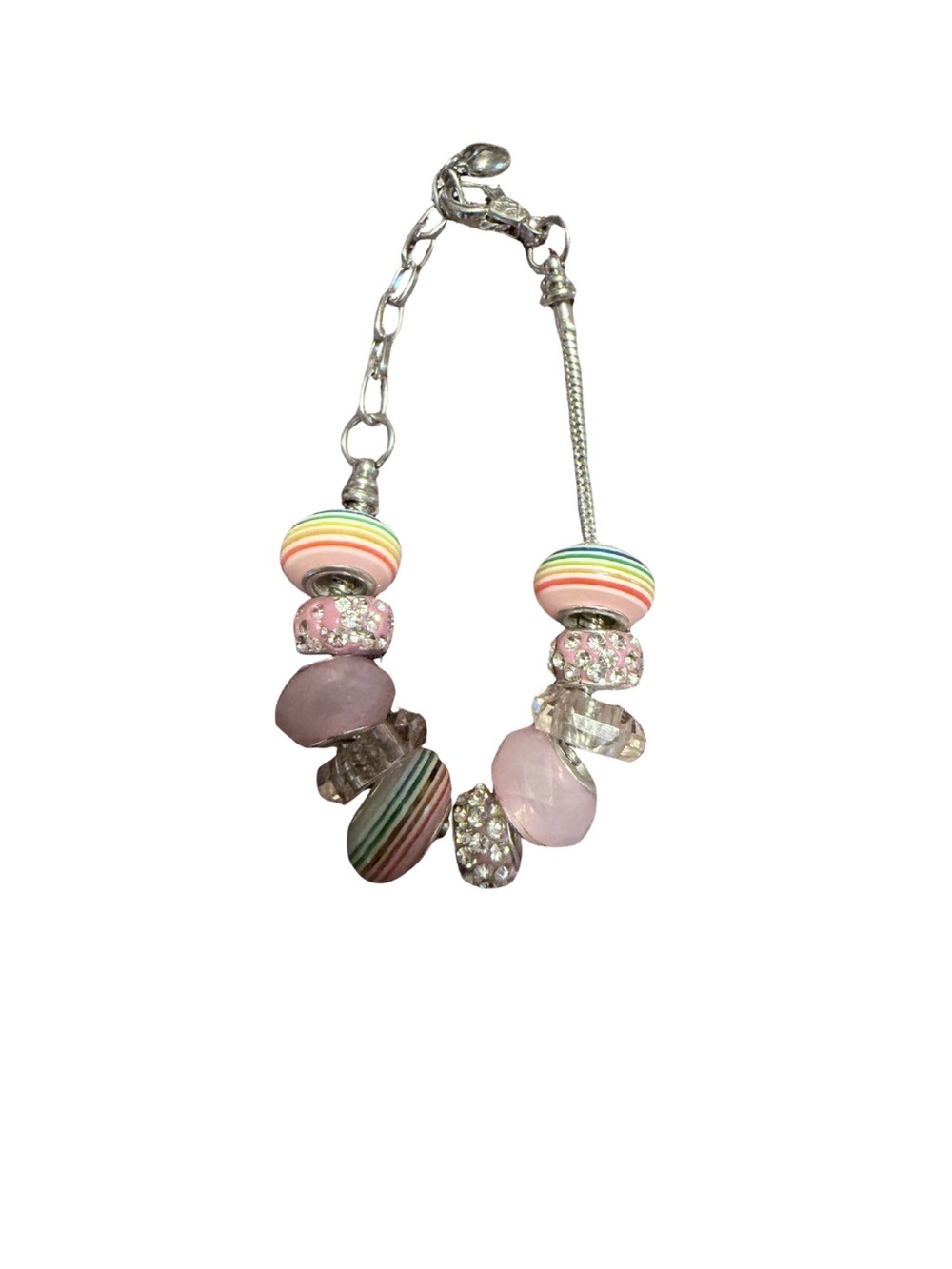 Rainbow Stripe & Pink Bead Charm Bracelet